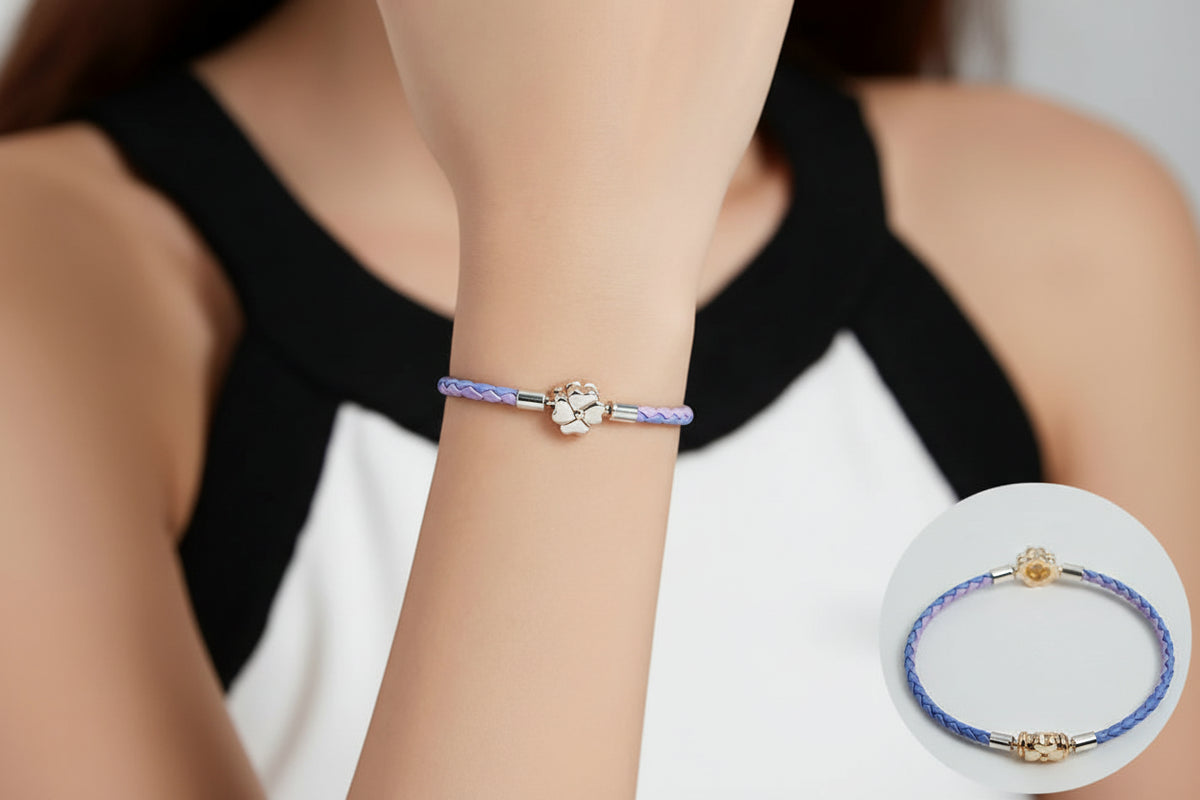 Bracciale Portafortuna in Argento 925 con Quadrifoglio e Vera Pelle a Tre Colori da Donna