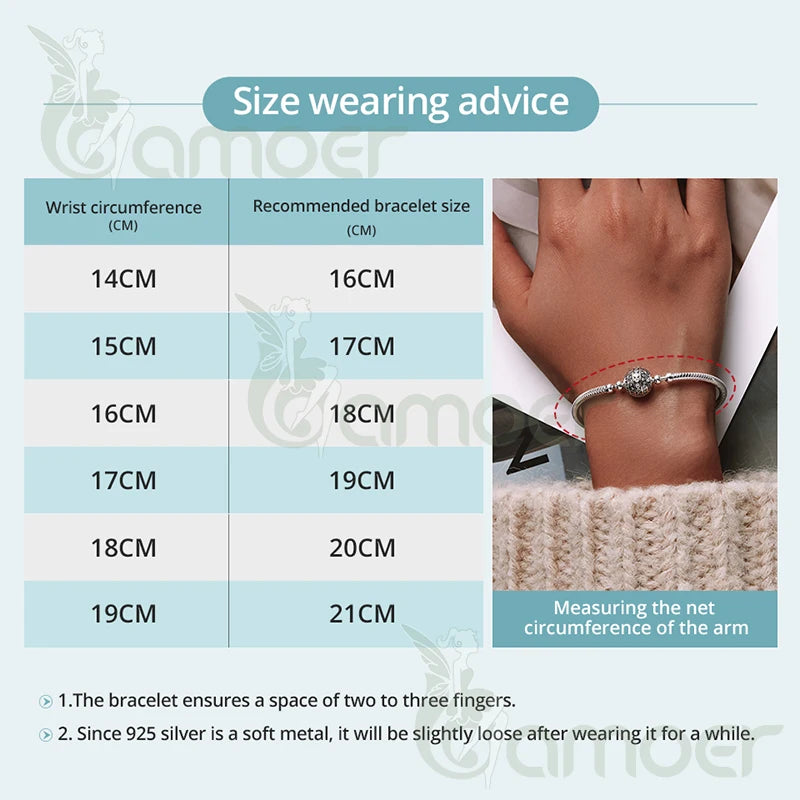 BAMOER 925 Sterling Silver Starburst Snake Chain Charm Bracelet for Women
